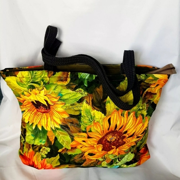 Jacquie Scott Large Zipper Quilted Sunflower Cotton Tote Shoulder Hand Bag - Picture 2 of 7
